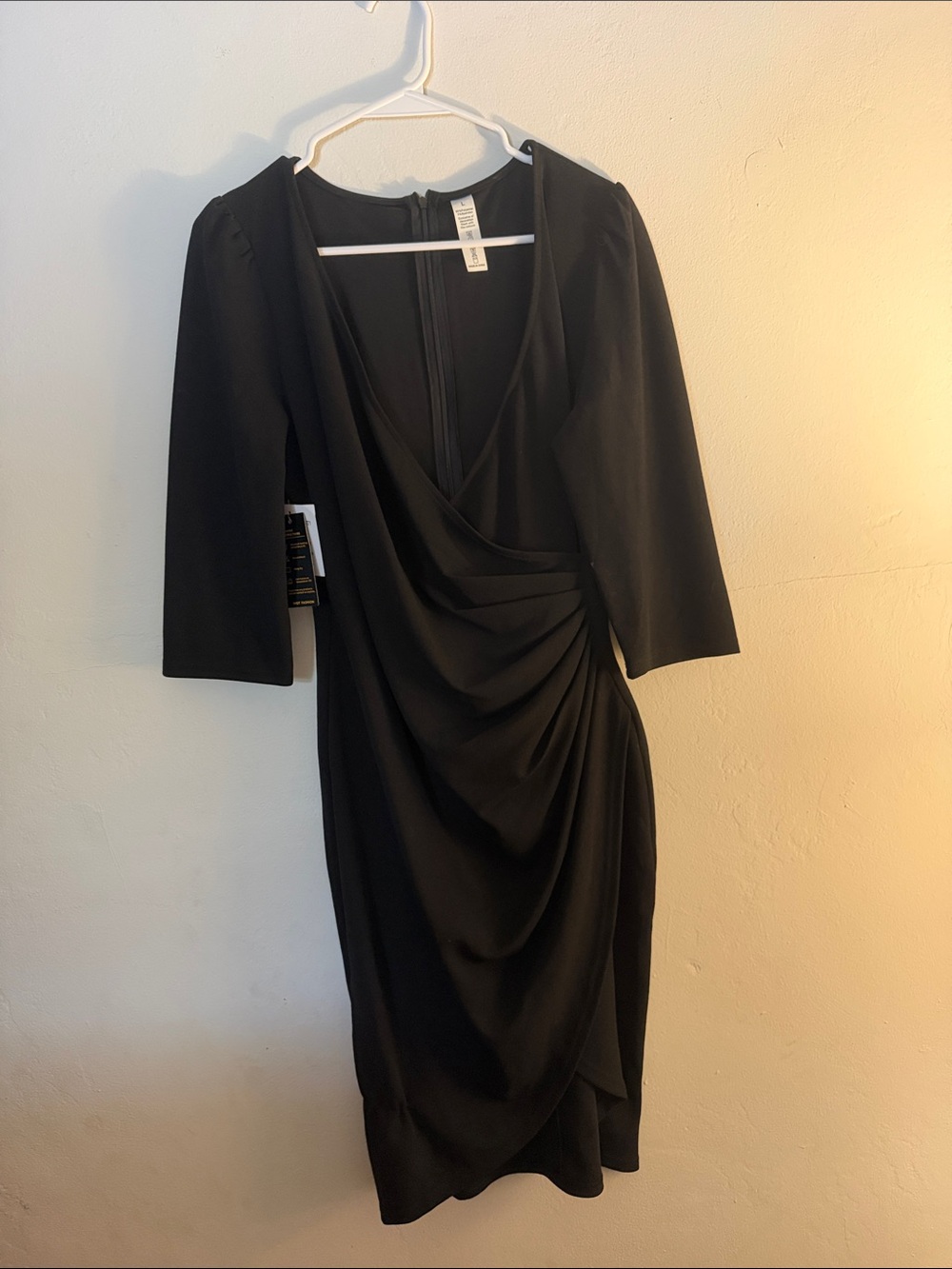 Classic Black Draped V-Neck Long Sleeve Dress by